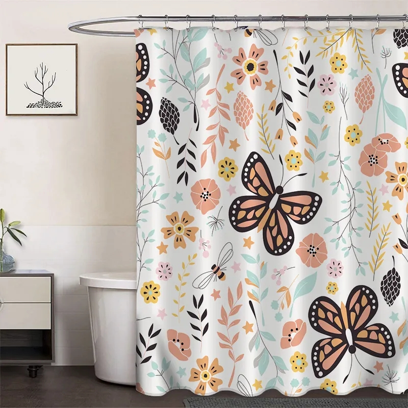 Polyester Digital Printing Shower Curtain Pink Butterfly