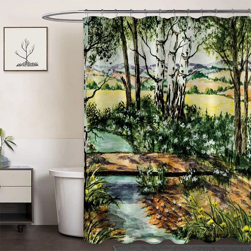 Polyester Digital Printing Shower Curtain Bridge Water